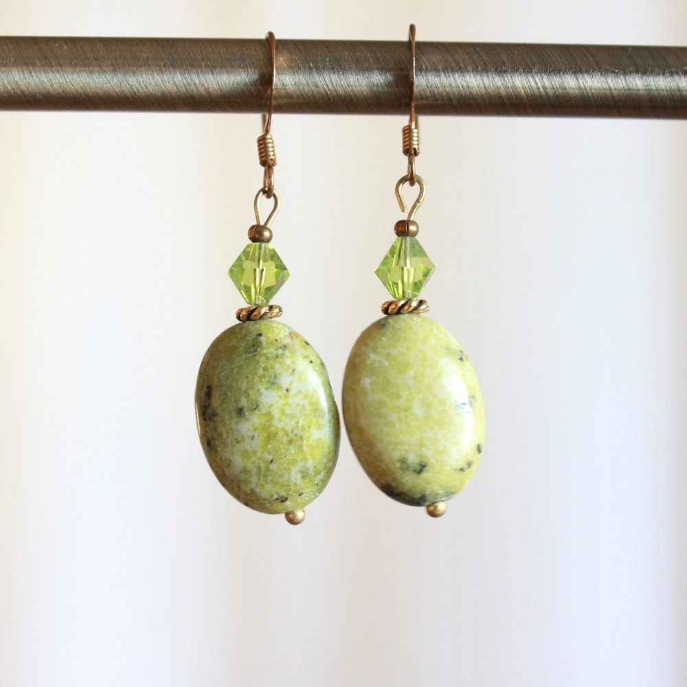 Green Serpentine Stone Crystal Drop Earrings Antique Brass French Wire Boho H2